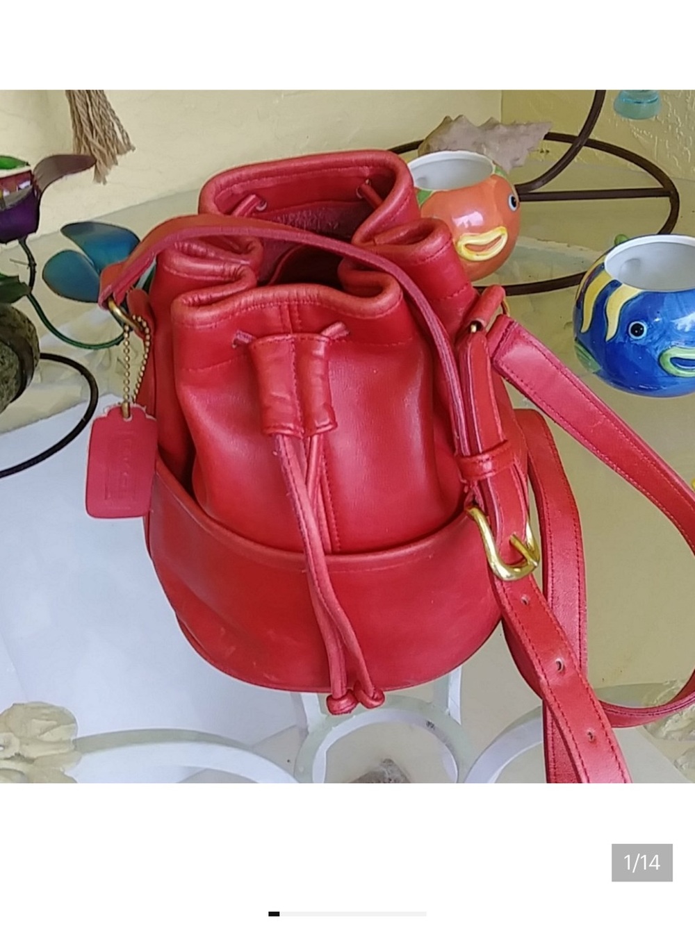 Coach Red Leather Drawstring Crossbody Bucket Bag